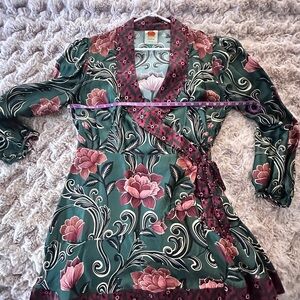 FARM Rio Green and Pink Floral Wrap Dress